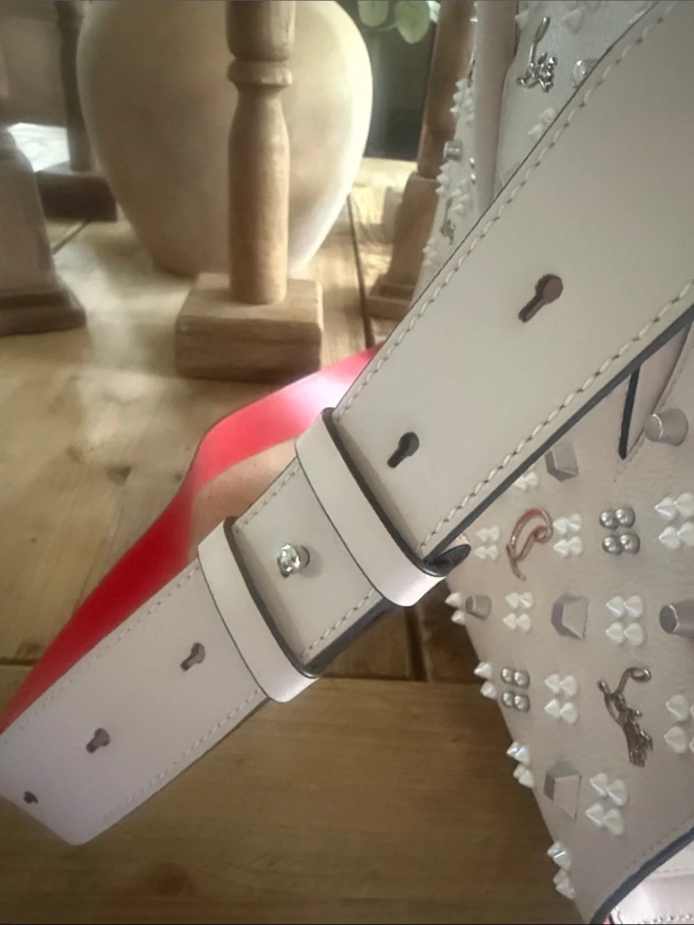 Christian Louboutin Blush Pink Embellished Satchel with Red Strap